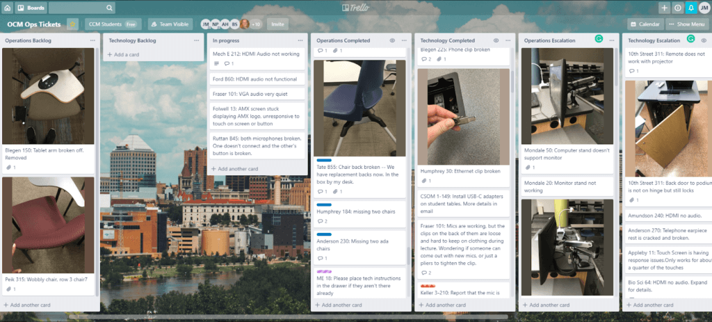 Screenshot of a Trello board that shows cards with photos and descriptions of issues being moved through columns including Operations Backlog, Technology Backlog, In progress, Operations Completed, Technology Completed, Operations Education, and Technology Education.