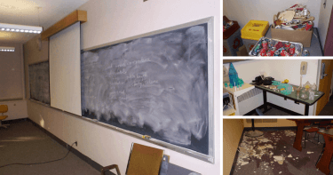 Four images of classrooms: one with an un-erased chalkboard, one with a pile of cans and garbage, one with a messy desk with projects left on top, and one with a mess of debris left on the floor.