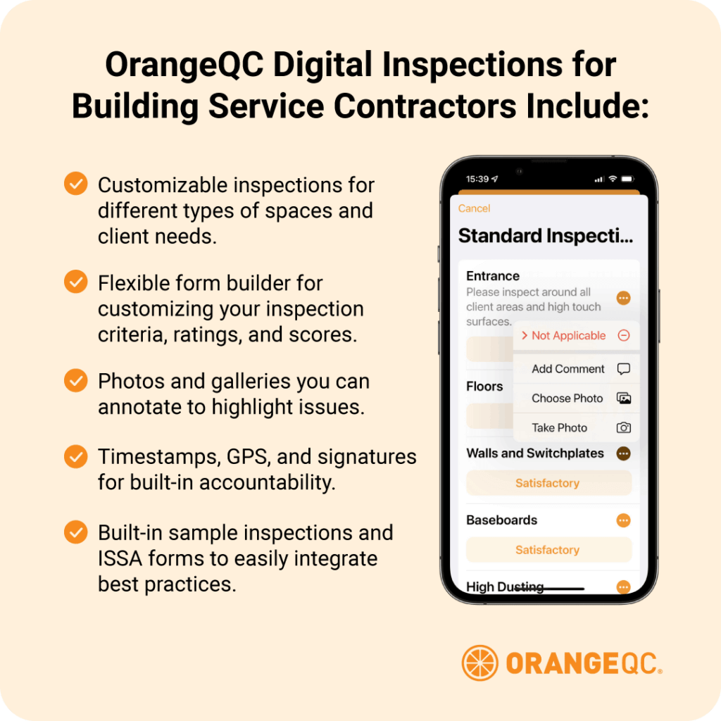 What does an OrangeQC Digital Inspection for Building Service Contractors include?
