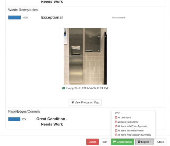 Digital inspection form showing a highly rated waste receptacle.