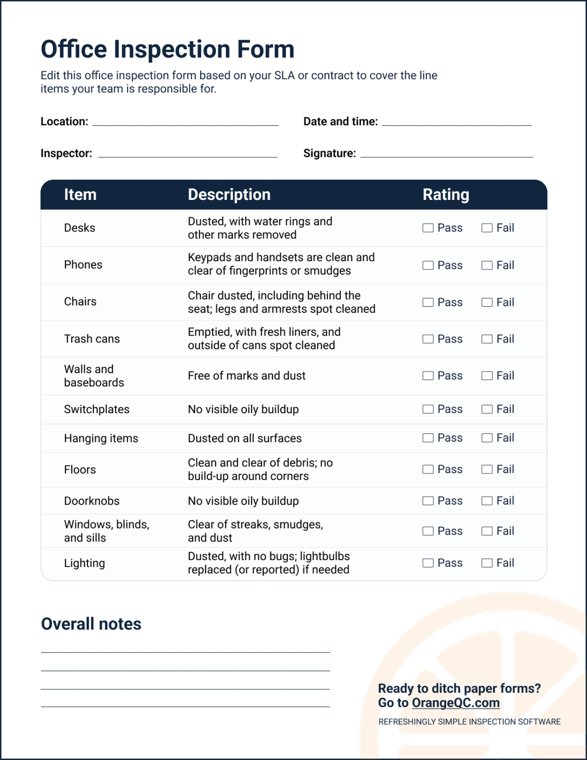 Customize this sample inspection form for offices for your team.