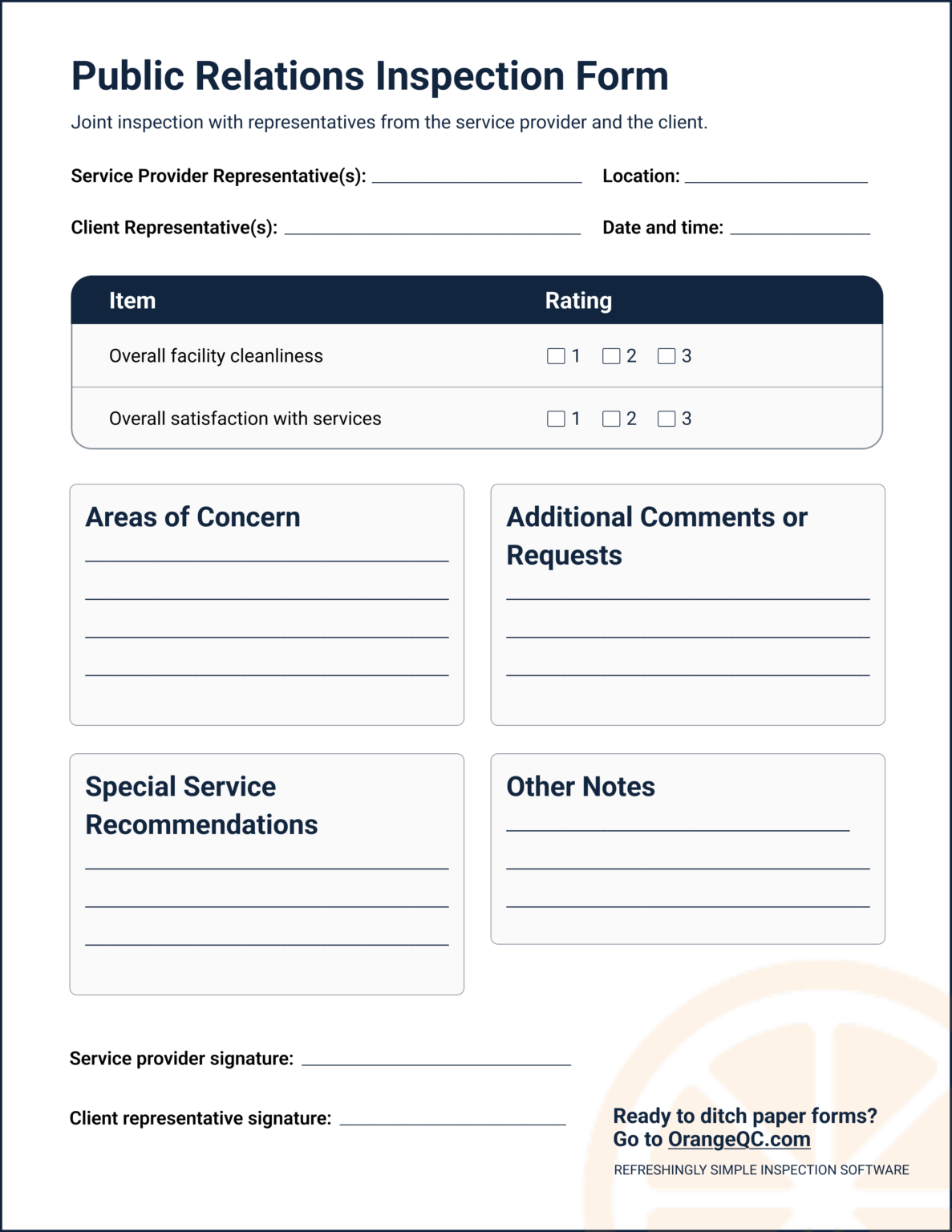 An illustrated public relations inspection form used to evaluate facility cleanliness and service satisfaction during joint inspections, referenced above.